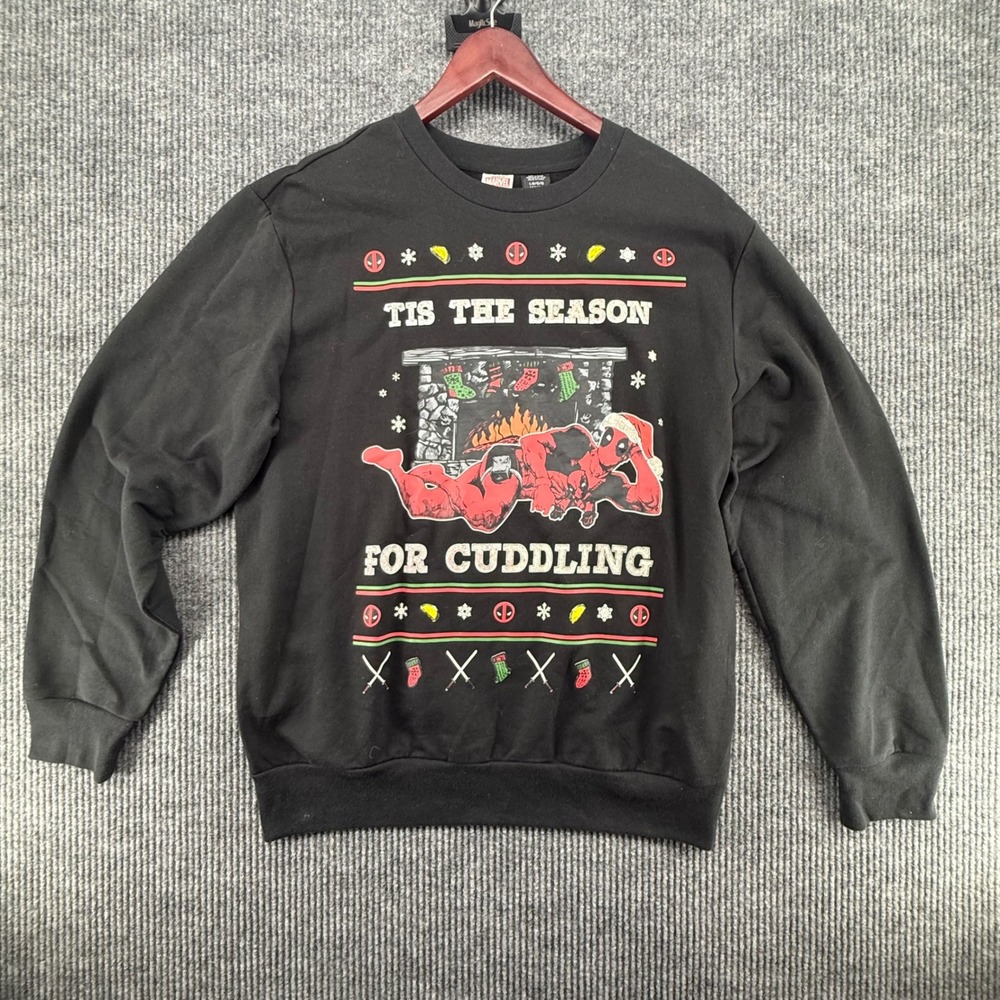 Marvel Deadpool Sweatshirt Mens Large Black Excellent Holiday Cuddling Graphic